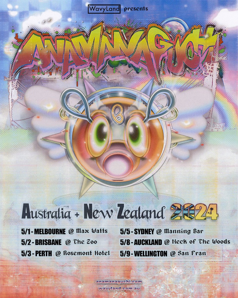 Australia & New Zealand Tour FIRST TIME EVER MELBOURNE BRISBANE PERTH SYDNEY AUCKLAND WELLINGTON art by _virus2020 Tickets here anamanaguchi.biglink.to/AUSNZ24
