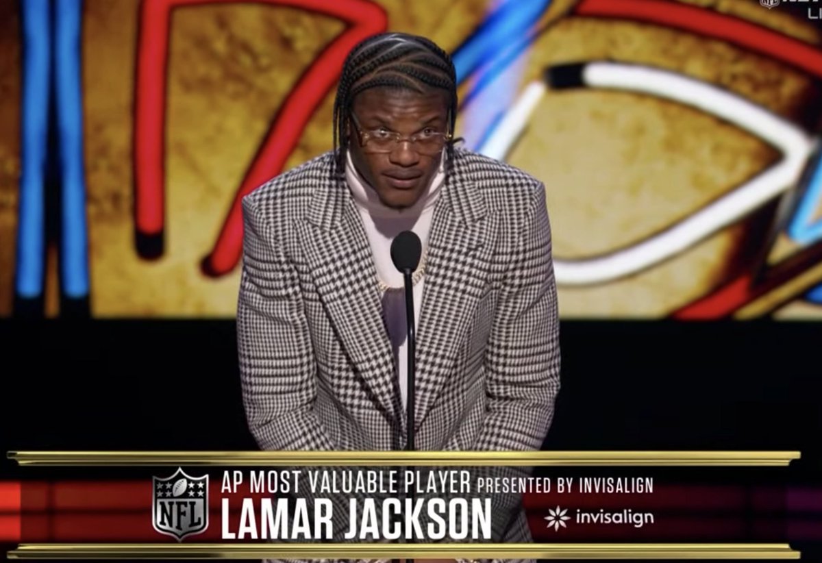sgellison's tweet photo. Lamar Jackson MVP speech: 

"First off and foremost, I want to thank my Lord and Savior, Jesus Christ. Without him, nothin is possible. I want to thank my organization, the Baltimore Ravens, for finally getting this deal done. Shout out to Eric, shout out to Steve, Coach Harbaugh, the whole unit. 

"My offense, my offensive line, I can't thank them enough for what they've done. I'm not out there blocking, catching the ball. It's a team thing for these awards. 

"I want to thank my family at home. You guys have a great night. That's all folks."