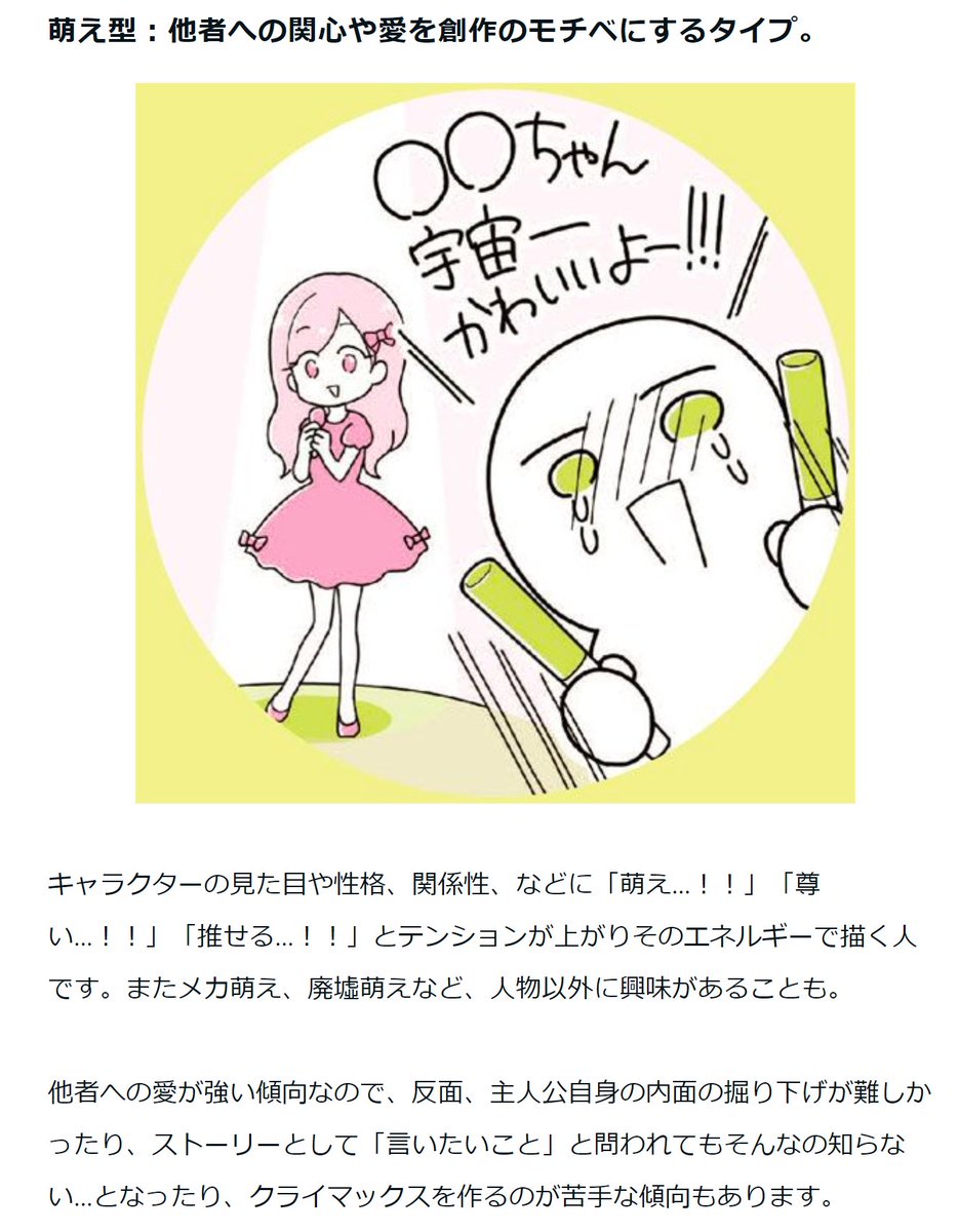 典型的な萌え型ですが、私の場合は「主人公の内面の掘り下げが難しい」というより、掘り下げは十分できていたのに機能的役割をデザインできずに、主人公頑張ってくれているのに何が苦手でどう頑張って最後にちゃんとクリアできたのかが一切伝わらないものになっていましたね…💦
そこを伝えたいのに! 