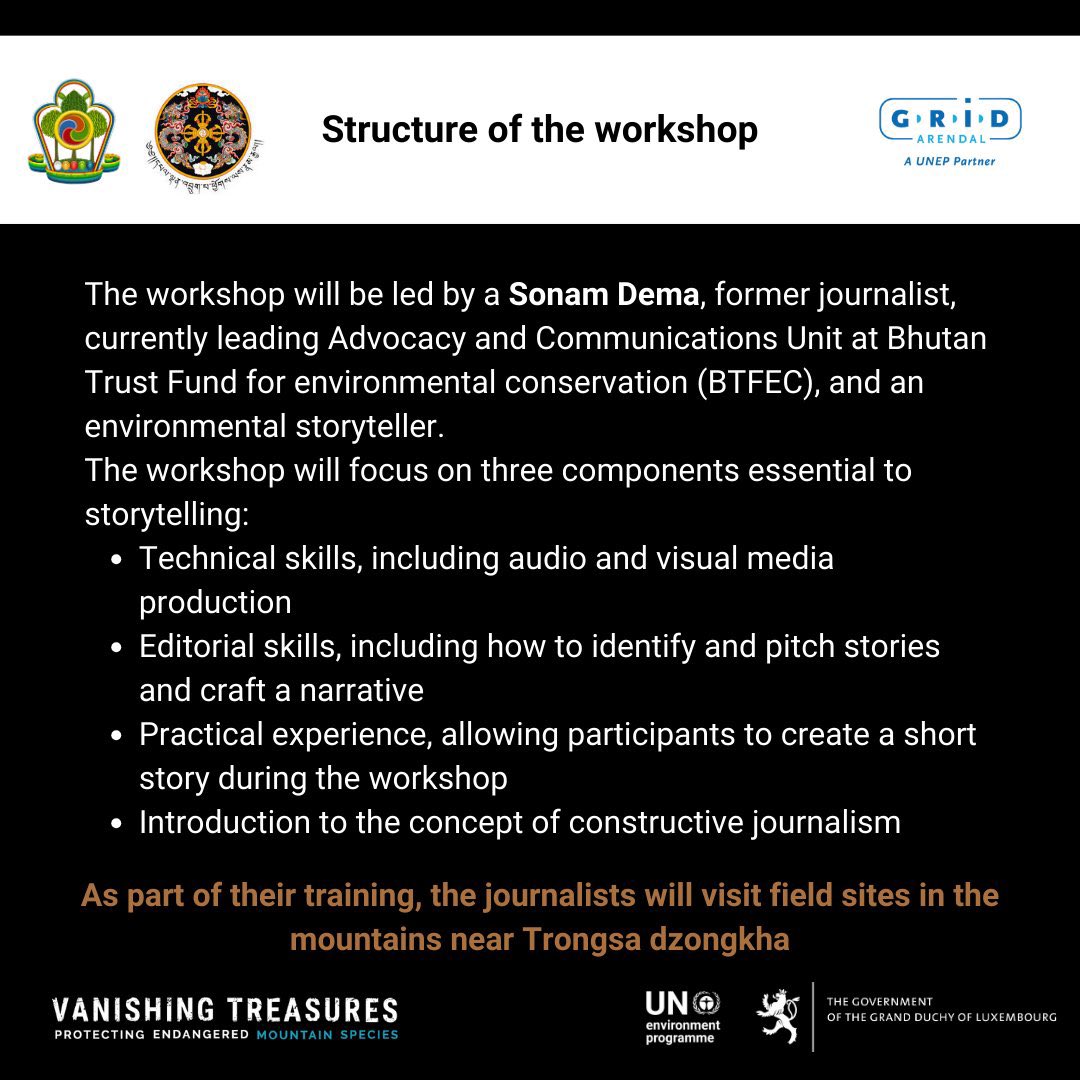 SonamDema's tweet photo. Blessed to be a part of this upcoming storytelling workshop happening  🔜 in Bhutan 🐯
Dear journalists, reporters &amp; storytellers, do apply for this great opportunity to be part of conservation storytelling from 🇧🇹 

Thank you @GRIDArendal #BhutanTigerCenter for the opportunity! https://t.co/5dKyyBSNE5