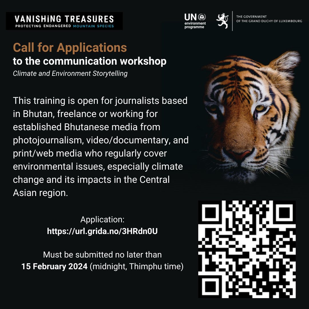 SonamDema's tweet photo. Blessed to be a part of this upcoming storytelling workshop happening  🔜 in Bhutan 🐯
Dear journalists, reporters &amp; storytellers, do apply for this great opportunity to be part of conservation storytelling from 🇧🇹 

Thank you @GRIDArendal #BhutanTigerCenter for the opportunity! https://t.co/5dKyyBSNE5