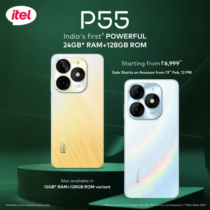 MyMobile_India's tweet image. Itel P55 series is available on Amazon India from February 13 with special introductory discounts.

P55+ introduces 45W fast charging, a segment-first feature.

#itel #P55 #itelP55 #PowerSeries #JodeBharatKaHarDilitel