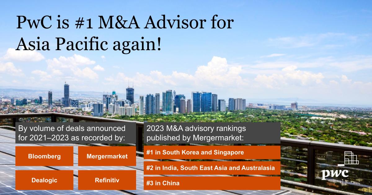 PwC_Philippines's tweet image. Huge congratulations to our exceptional PwC Deals and Corporate Finance team for securing the top spot as the Asia Pacific #1 M&amp;amp;A Advisor by Volume for 2021, 2022 and 2023, as recognized by Thomson Reuters, Mergermarket, Bloomberg, and Dealogic! 

#PwCDeals #PwCCorporateFinance
