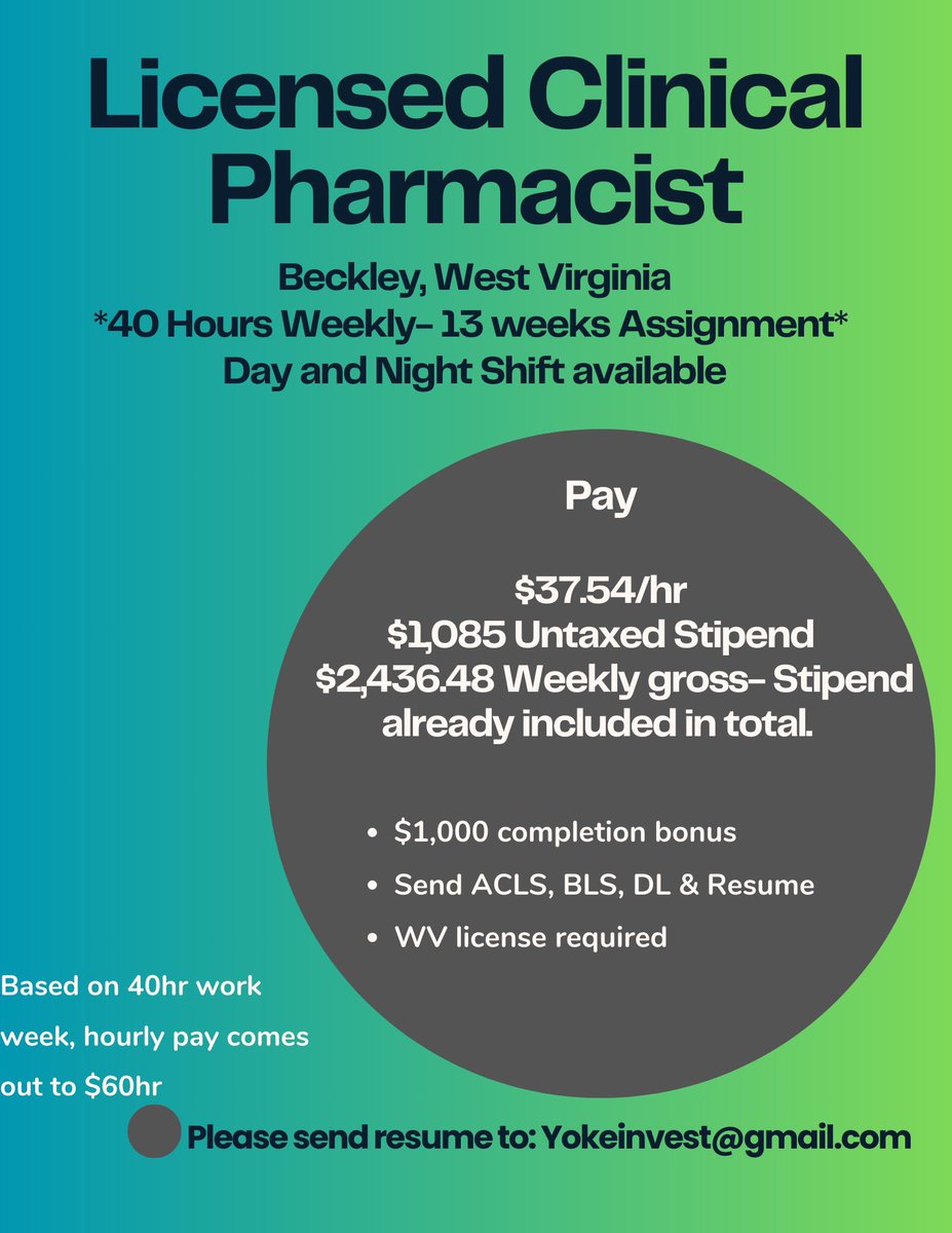 Looking for a Clinical Pharmacist for a 14 week assignment in #westvirginia. 

#Hiring #employmentopportunities #clinicalpharmacist #pharmacist #pharmajobs