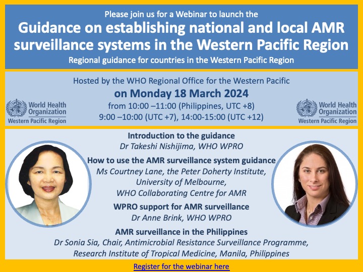 We recently collaborated with @WHOWPRO to write a guidance document on establishing #AntimicrobialResistance #AMR surveillance systems in the Western Pacific Region, and our own @LaneCourtneyR is taking part in a webinar about its use🔗wpro-who.zoom.us/meeting/regist…