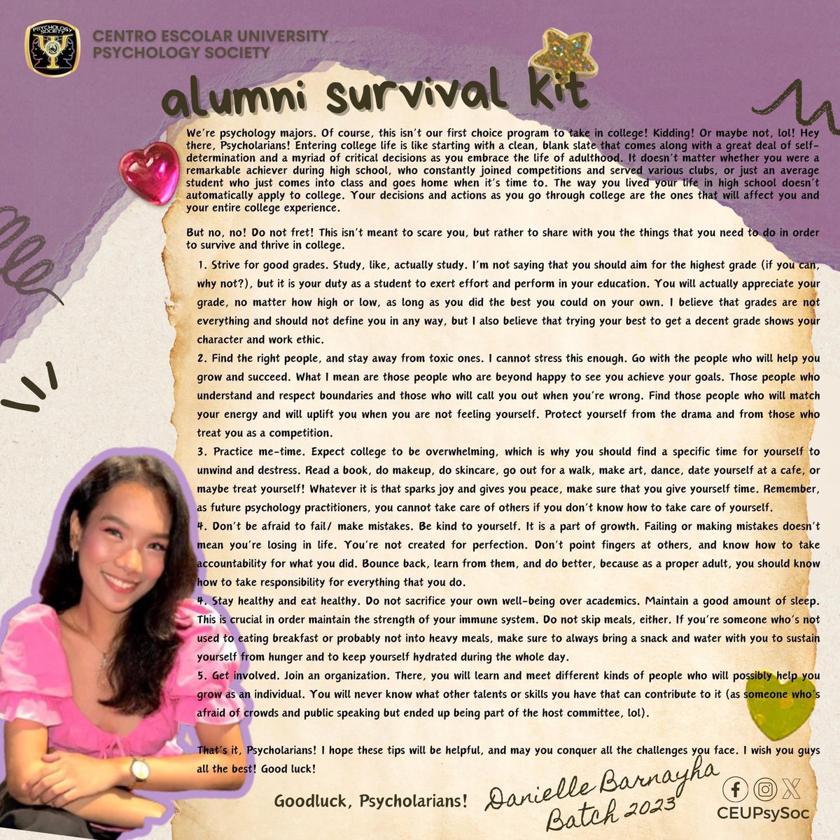 CEUPsychSoc's tweet photo. "If you never bleed, you'll never gonna grow" (Swift, 2020). 🌱 

Here's some tips and tricks from Ms. Danielle Ruth Barnayha of Batch 2023 on how to not only survive but also thrive your college years. 

Pwedeng magpahinga pero bawal ang sumuko! Padayon, Psycholarians! 🫂💕 https://t.co/kBW30dbmMy