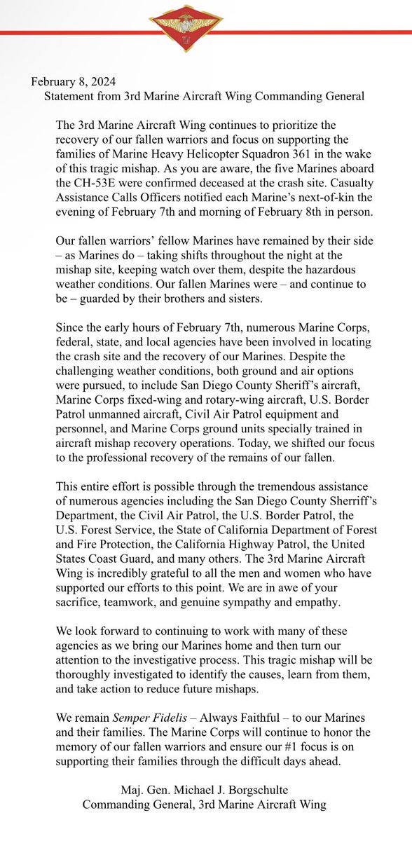 3rdmaw's tweet photo. Statement from 3rd Marine Aircraft Wing Commanding General https://t.co/z3H8nC5nGe