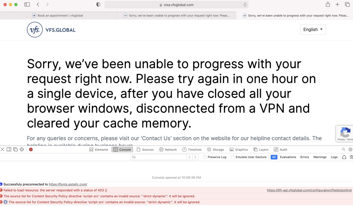 AjithMa09395121's tweet photo. @vfsglobalcare @vfsglobalcare. Thank u for the response. This ain't an individual concern. The website is not accessible from India and USA. Cant register or get to the login page most of the time. Look at errors in the browser console. https://t.co/ct3pc4nybq