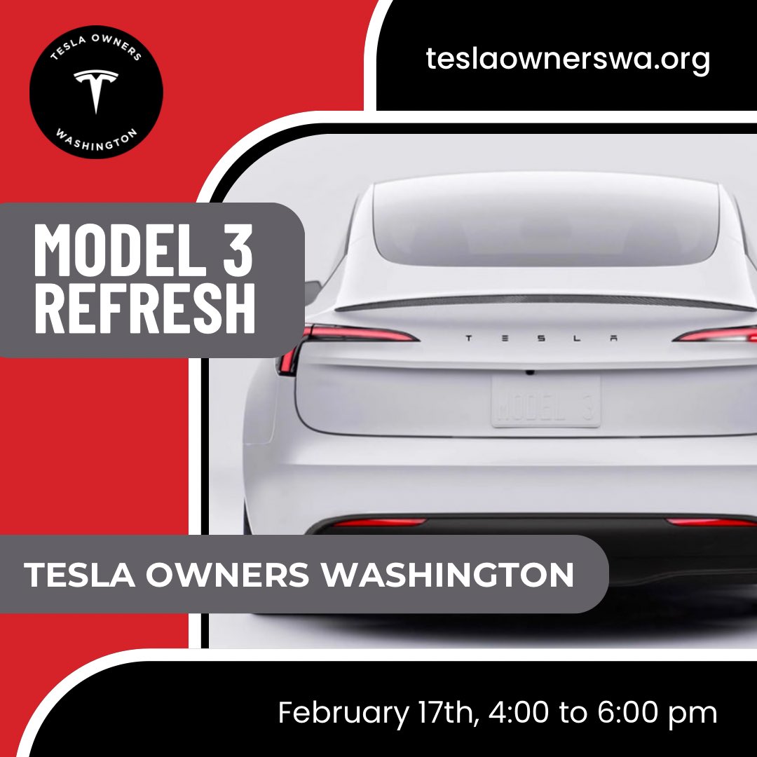 TeslaOwnersWA's tweet photo. #teslaownerswa members are invited to a private event to check out &amp; demo drive the refreshed #Model3 at #Tesla. Space is limited. Register early. See our website for more details.
https://t.co/TbyByR95q7
#Model3
#tesla
#teslaownersclub
#teslapnw
#model3refresh https://t.co/v1ModmopVh