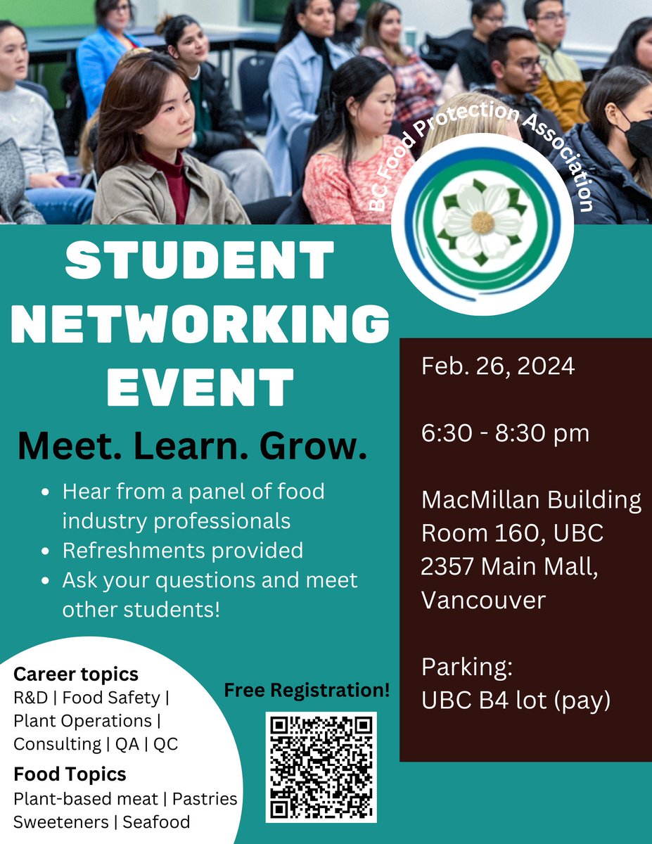 BCFoodPA's tweet photo. Join our student networking event on Monday, Feb. 26, 2024 (Monday) to learn from industry professionals and grow your network! Hear experiences and gain knowledge from a panel of industry professionals!

Register now! 
https://t.co/TnMJoETFhx https://t.co/2uSL4DEkKe