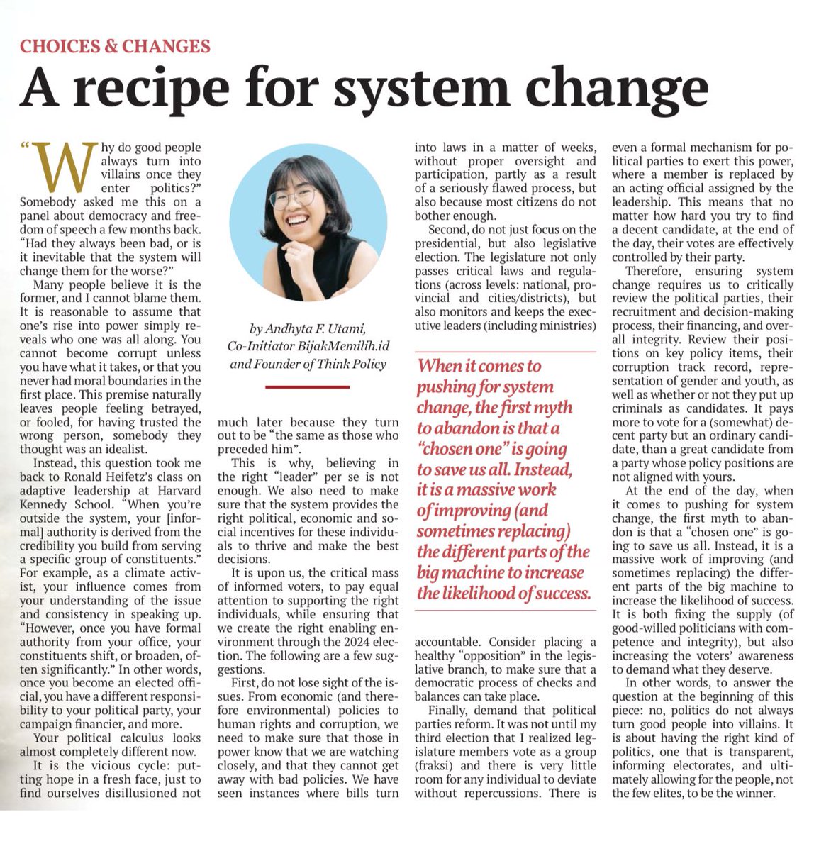 Afutami's tweet image. WHY DO GOOD PEOPLE TURN INTO VILLAINS ONCE THEY ENTER POLITICS? Answer: it’s the system. My recent @jakpost oped.