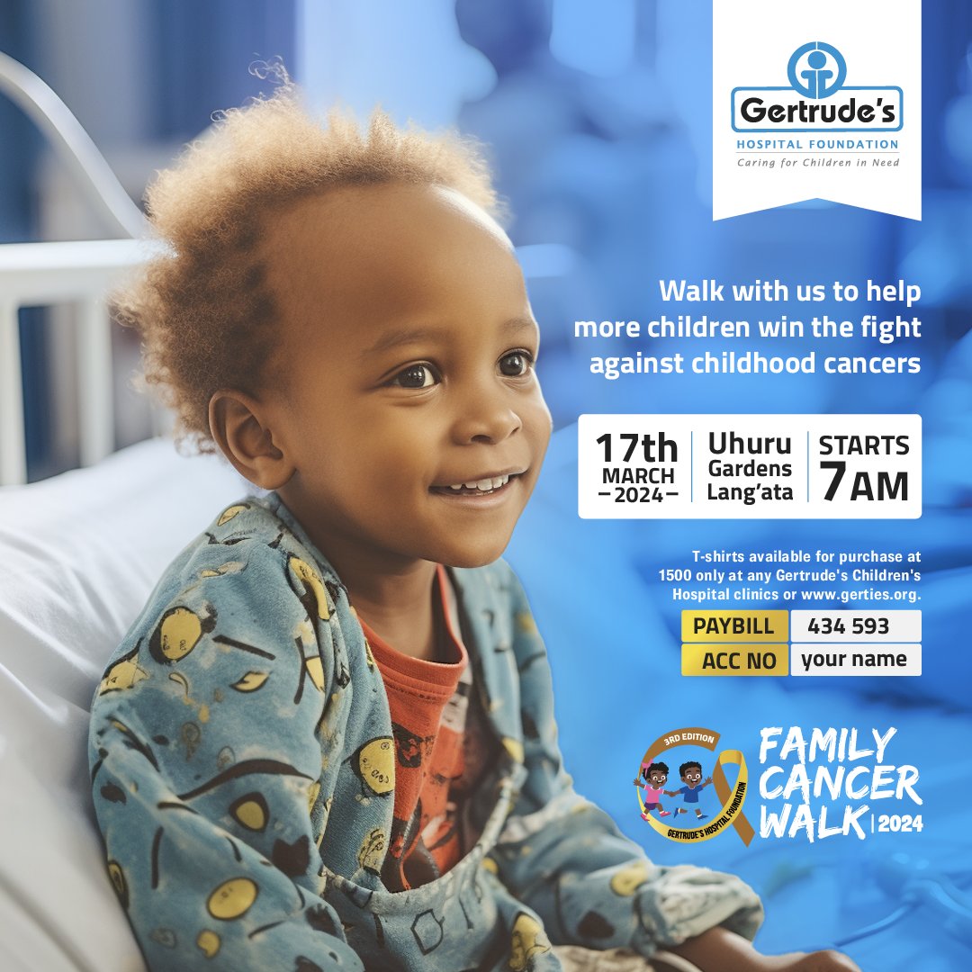 Gear up because our Gertrude's Annual Charity Walk is back! We invite you to be part of this movement in support of the children diagnosed with cancer. Do not wait any longer- visit your nearest <a href="/GertrudesHosp/">Gertrude's Children's Hospital</a> to sign up! gerties.org/charity-walk/
#GertrudesKe #FamilyCancerWalk