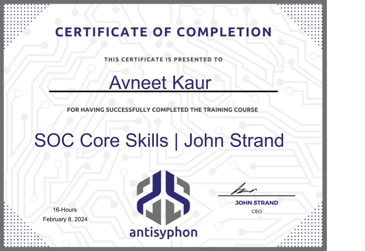 Thank you to the entire Antisyphon Training team for such an awesome course and overall experience. John Strand is an amazing instructor. It was great to be able to get practical  labs. If you have any interest in infosec training I cannot recommend Antisyphon Training enough.