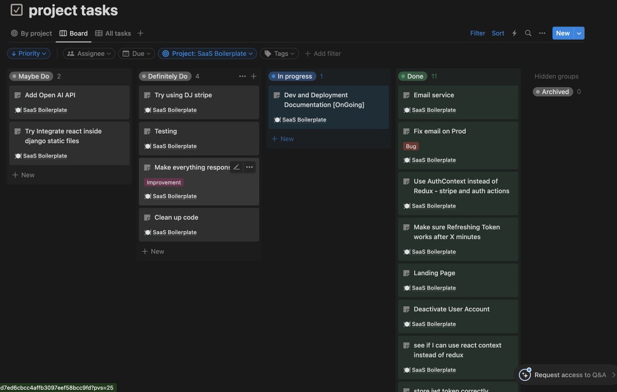 rcmisk's tweet photo. #dailystandup - @django and @react #saas boilerplate
Today:
- migrated #redux store for #jwt auth and @stripe to using #react AuthContext.
- added #axios interceptors for passing #jwt tokens for each api call to #django and auto refresh token if invalid.
Weekend: cleanup code🚀 https://t.co/SThvdN8bcS