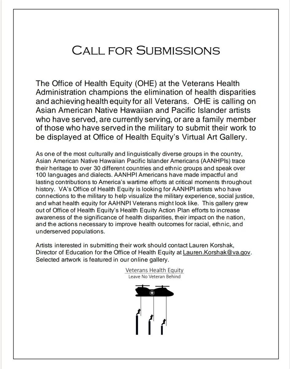 Call for Submissions. Link: va.gov/HEALTHEQUITY/V… Details: The Office of Health Equity is calling on Asian American Native Hawaiian and Pacific Islander artists who have served, are currently serving, or #militaryfamily to submit to Office of Health Equity’s Virtual Art Gallery