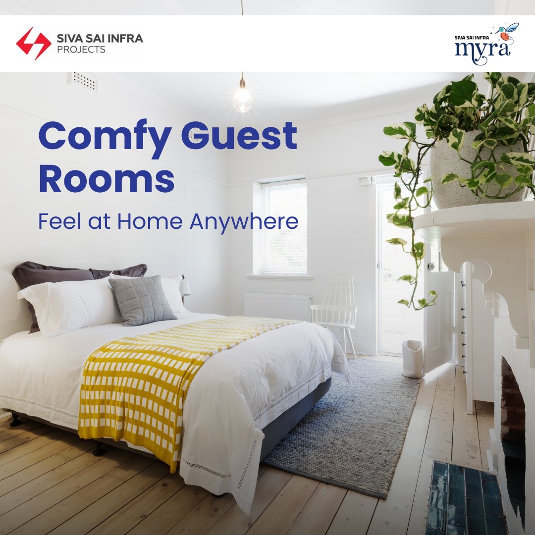 Treat your guests to comfort with our guest rooms. Enhance their stay and give them that homely feel, no matter how far they roam.
#HomeAwayFromHome #GuestComfort #FeelAtHome #EnhancedStay #SivaSaiInfra #MyraProjects #kollur #SivaSaiInfraproject