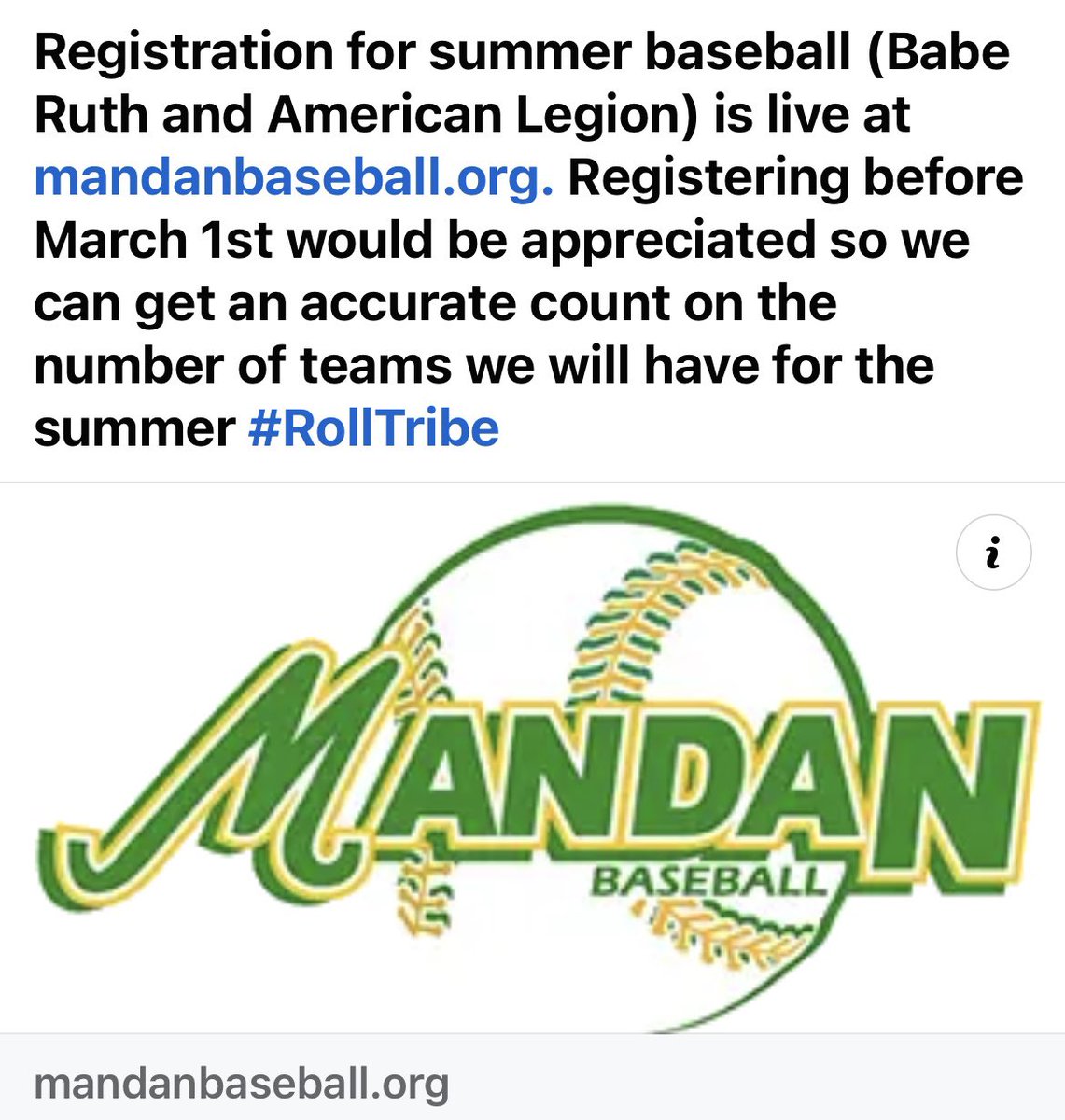 MandanBaseball's tweet photo. Warm summer days are not that far away!  Go get registered for the 2024 Season!! #RollTribe https://t.co/A59vb6QYNS