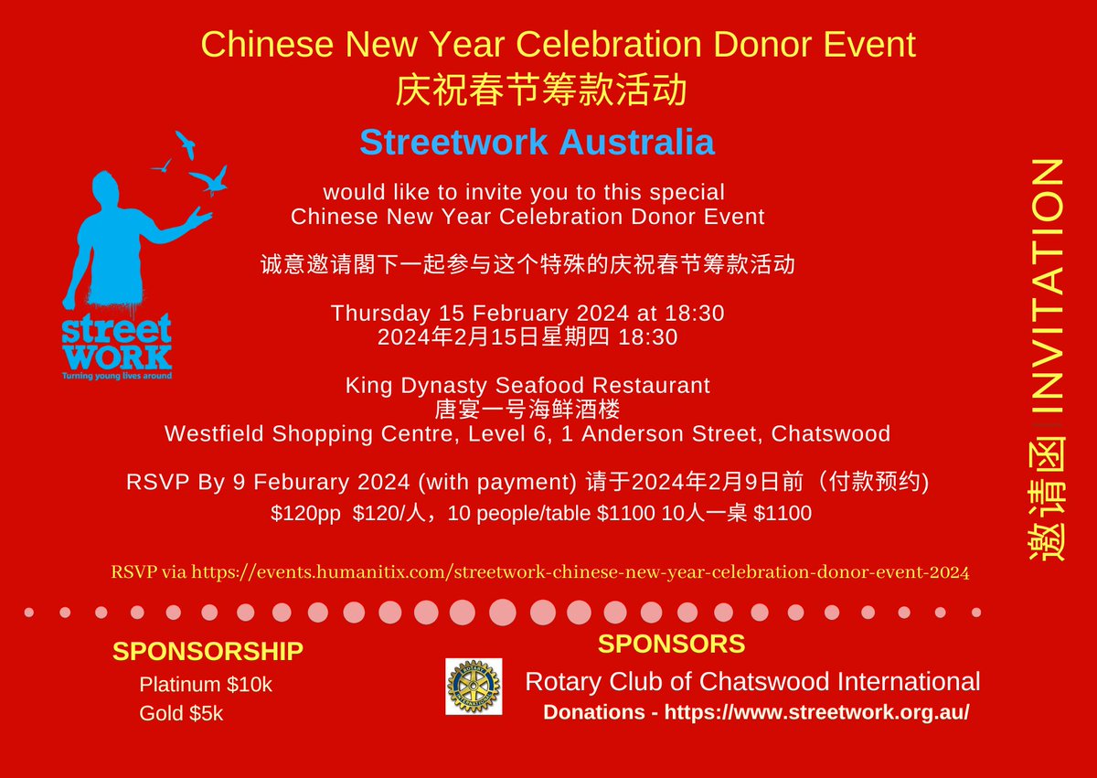 On Thursday, 15 February,  we will celebrate Chinese New Year for the ‘Year of the Dragon’.  See the attached invitation … we’d love you to attend if you’re available.  

Tickets can be purchased from events.humanitix.com/streetwork-chi…. Bring your friends.