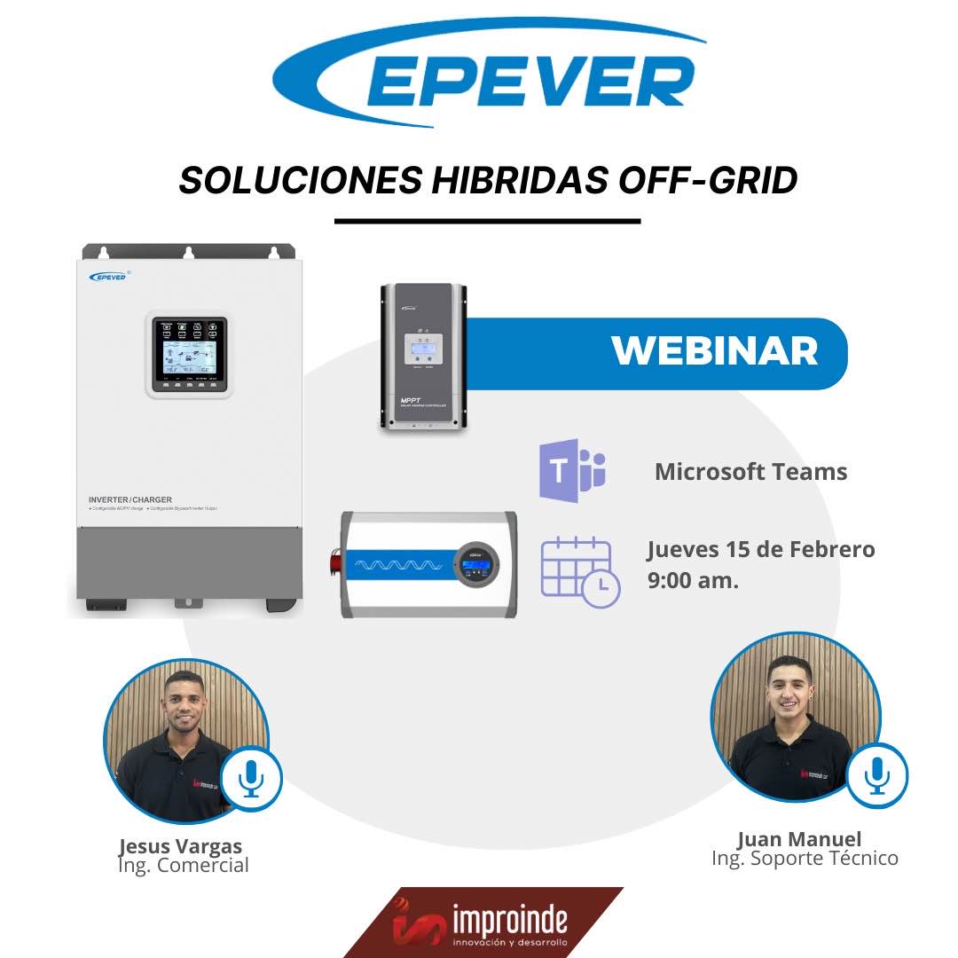 Epever_Tech's tweet photo. 🌟 @improinde is hosting an insightful webinar spotlighting EPEVER's HYBRID OFF-GRID SOLUTIONS!🌞
📅Date: Thursday, February 15th
🕘Time: 9:00 am (Columbia time)
📍Platform: Microsoft Teams
Secure your spot now by registering: https://t.co/tJpelMtTB0
#EPEVER #EPsolar #Improinde https://t.co/wHN8tQJ7Bq