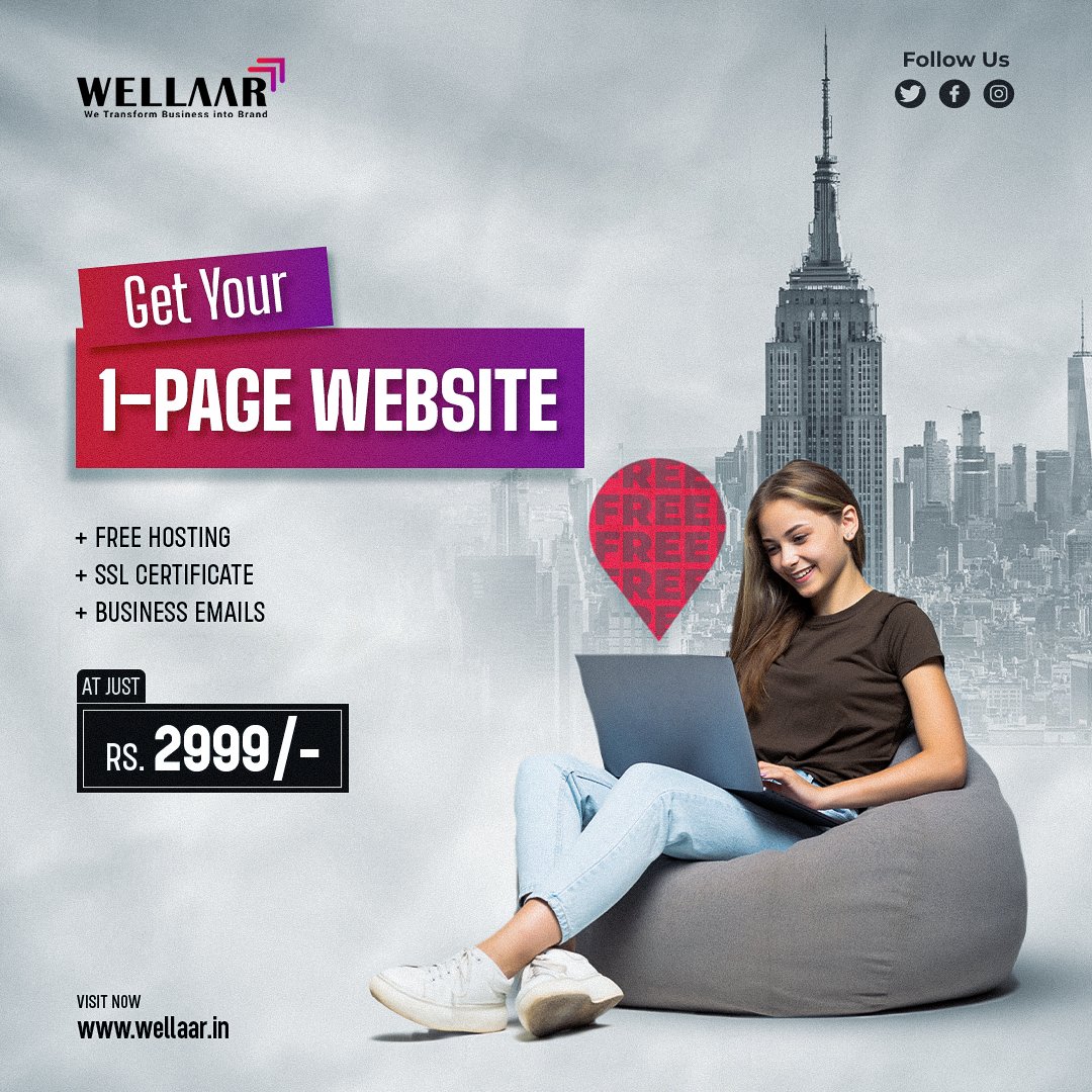 Let your online presence with Wellaar! Take your business to new heights with our exclusive offer: a 1-page website complete with FREE Hosting, SSL Certificate, and Business Emails, all for just Rs.2999.

#Wellaar #digitaltransformation #affordablewebsolutions #websitedevelopment