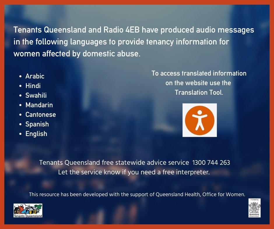 Have you heard our translated audio messages on @4EB? You can now listen here: tenantsqld.org.au/translated-inf… #qldwomen #IQWgrants #RADIO4EB