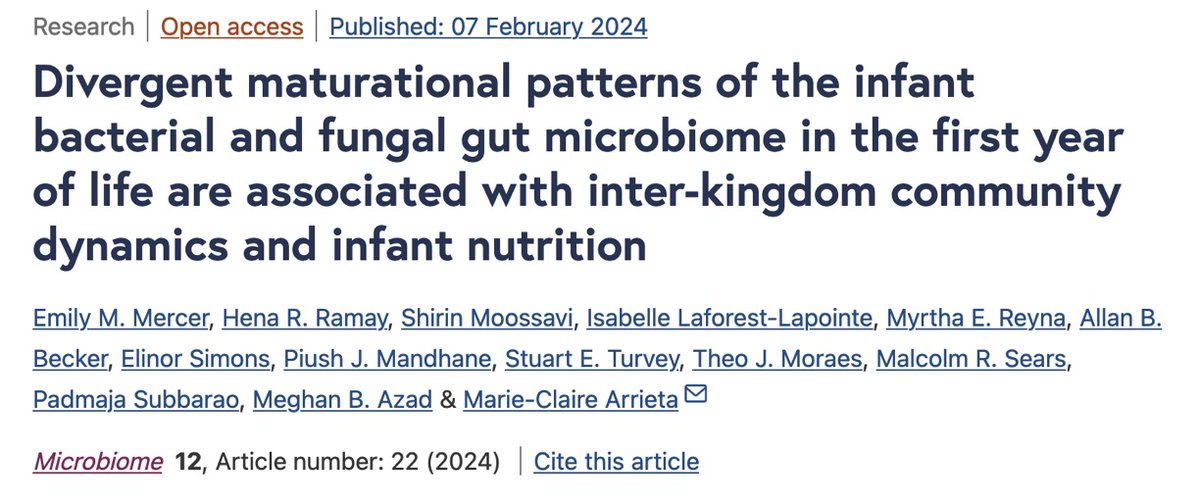 Excited to share a new study led by @Emily_M_Mercer studying how #microbiome alpha-diversity patterns shift during the first year of life at the individual level. Wonderful collaboration with @CHILDSTUDY @MeghanAzad @TurveyLab and many more. shorturl.at/bgsET @MicrobiomeJ