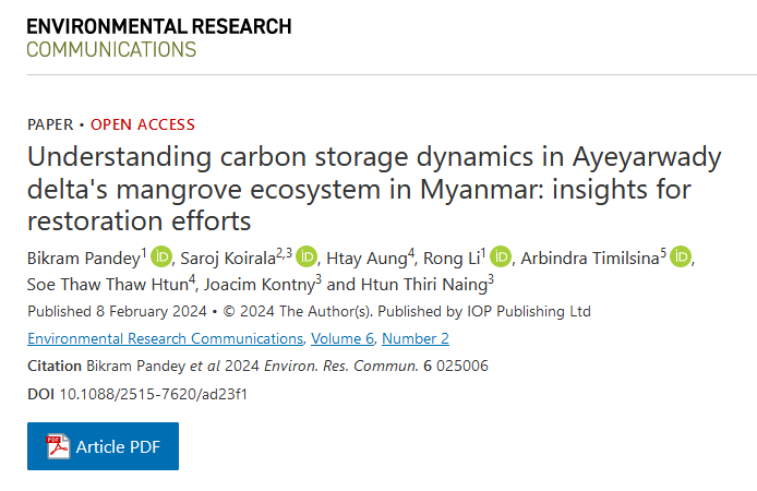 adarshpandey's tweet image. 📢📢New Publication🔔🔔
Understanding carbon storage dynamics in Ayeyarwady delta&apos;s mangrove ecosystem in Myanmar: insights for restoration efforts. 

Read the article here iopscience.iop.org/article/10.108…

 #Mangroves #ClimateChange #RestorationEfforts