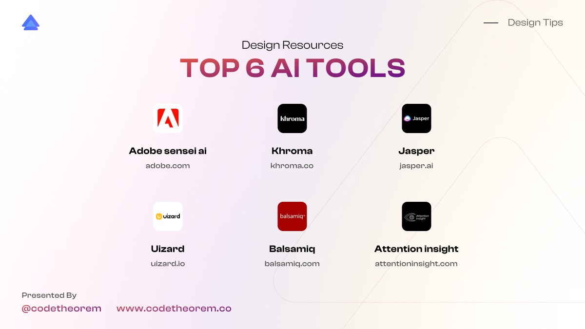 code_theorem's tweet image. Ready to level up your design skills? ๐ Explore the world of AI-powered creativity with these game-changing tools!
-
-
#LearnDesign #DesignTips #UiDesign #FigmaDesigner #LearnAI #LearnUi #UiUx #Khroma #CreativeRevolution #Uizard #JasperAI #AttentionInsight #UXDesign #AI #AiTools