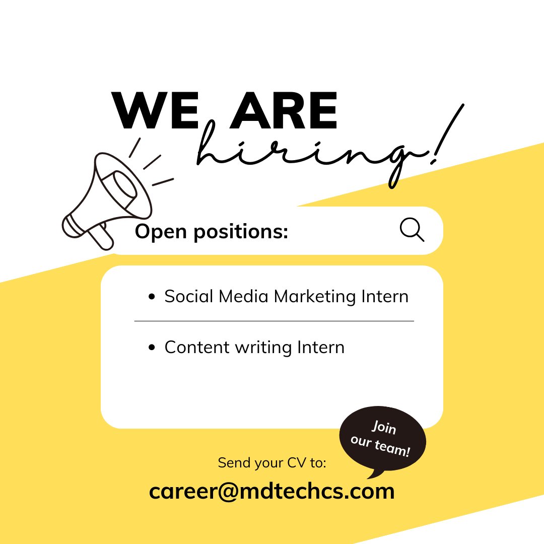 mdtechcs's tweet image. We&apos;re hiring for Social Media Marketing Interns and Content Writing Interns to join us on an exciting journey of creativity and growth.

#MDTechHiring #InternshipOpportunity #JoinOurTeam #socialemediamarketing #contentwritting #internship #freshers #fresherhiring
