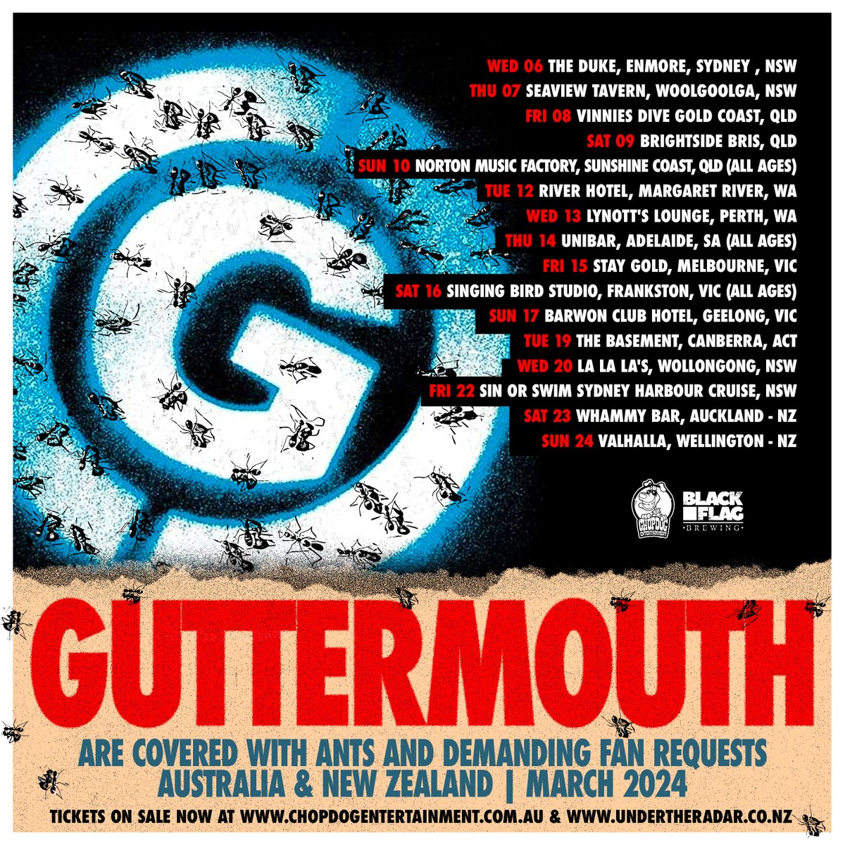 oztix's tweet photo. Guttermouth are coming back for 16 shows across Australia &amp; NZ next month! Playing the whole Covered With Ants Album plus demanding fans choose the rest of the setlist for each show. Get your tickets today! https://t.co/Lj9oLF38o0