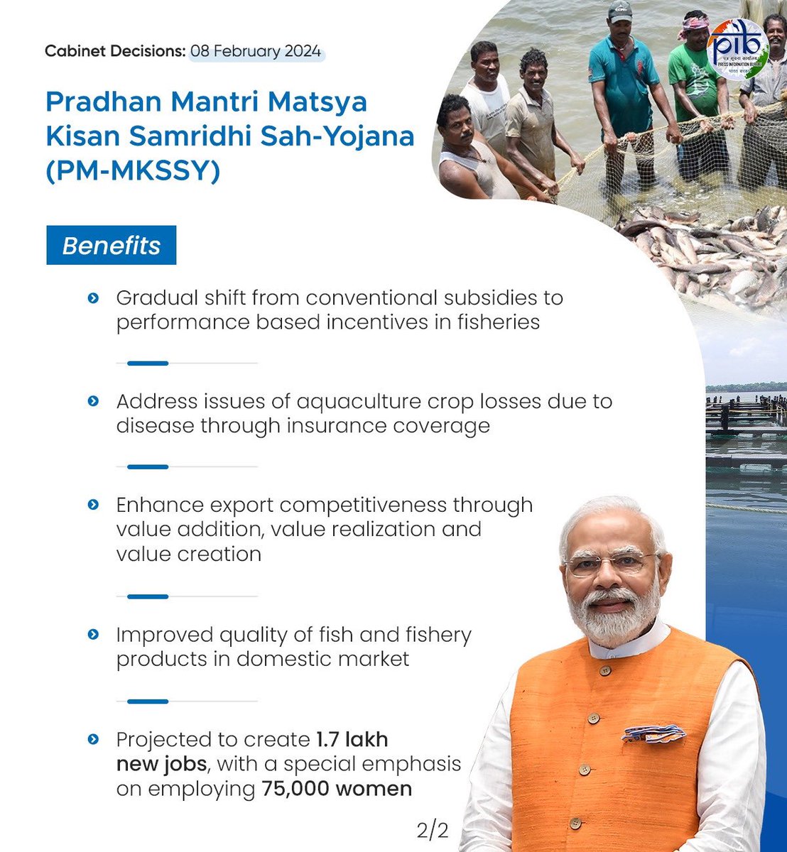 PM @narendramodi’s approval to Pradhan Mantri Matsya Kisan Samridhi Sah-Yojana (PM-MKSSY), a central sector sub-scheme under PMMSY with an outlay of ₹6,000 crore will give momentum to the formalisation of fisheries sector. 

The visionary decision will empower people engaged in…