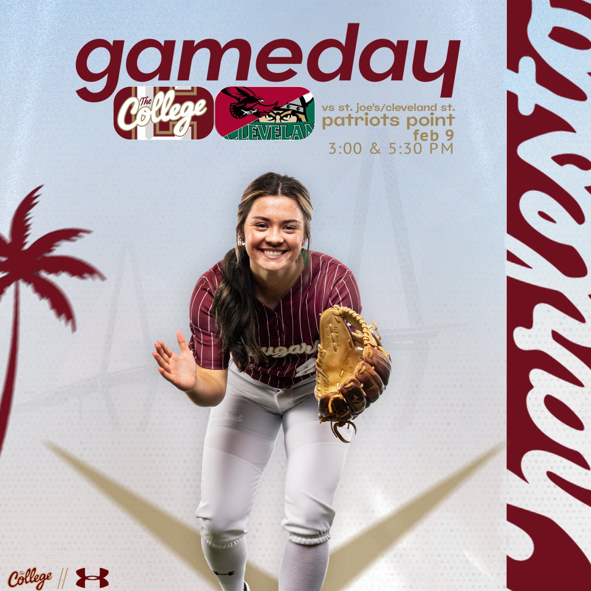 CofCSoftball's tweet photo. It's finally GAMEDAY ‼️

🆚 St. Joe's/Cleveland St.
⏰ 3:00 &amp; 5:30 PM
📍 Mt. Pleasant, S.C.
🏟️ Patriots Point
📺 https://t.co/smSvLqAQGc
📊 https://t.co/0GipyZrTlQ (Game 1)
📊 https://t.co/mQz4akTCFI (Game 2)

#TheCollege 🌴🥎 https://t.co/eW5BWicGSJ