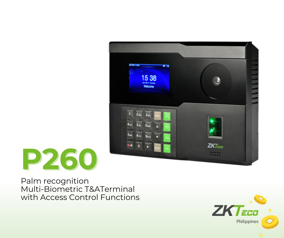 Meet P260! Your all-in-one solution for advanced multibiometric time &amp; attendance.

Seamlessly connect with third-party devices, store 600 palm templates, and 3,000 fingerprints. Fast verification, Wi-Fi, TCP/IP, USB connectivity. 

Elevate your office with this sleek device!
