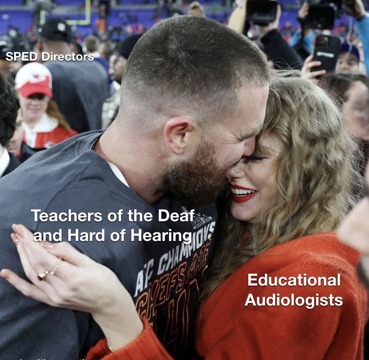 hollymaschmeyer's tweet photo. All DHH kiddos should have both a TOD and EdAud 🤍 #DeafAndHardOfHearing 

D: The label “teacher of the deaf and hard of hearing” is written across Travis Kelce. The label “educational audiologist” is written across Taylor Swift. They are smiling at each other in an embrace. https://t.co/X3kmF5E1nO