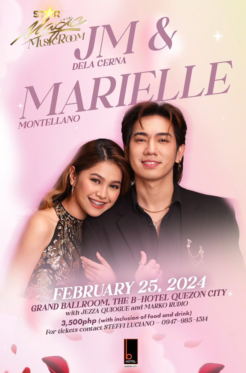 Jmielles! Due to insistent public demand, we will now open reservations for an additional show of Star Magic Music Room JM and Marielle on February 25 at the B-Hotel QC Grand Ballroom. Grab your tickets now! ❤️

#StarMagicRoomJMielle 
#StarMagic 
#PolarisStarMagic
