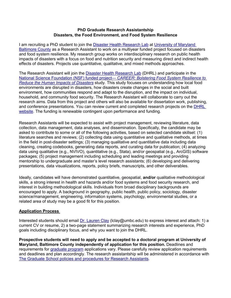 Fully funded PhD student to join the Disaster Health Research Lab at University of Maryland Baltimore County to work on a multiyear funded project focused on disasters and food system resilience. #Dearyounggraduate #Students #Fridayscholarshipbonanza #Masters #Opportunities