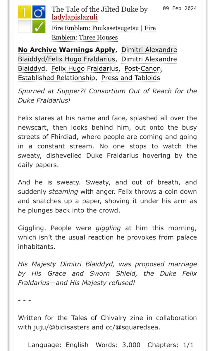 Had a blast collaborating for the <a href="/talesofchivalry/">Tales of Chivalry: A Dimilix Zine</a> Dimilix zine with <a href="/bidisasters/">Peak Clownery</a> and <a href="/squaredsea/">cc</a>!

Fic is here: archiveofourown.org/works/53637886

Full zine is here: talesofchivalry.bigcartel.com