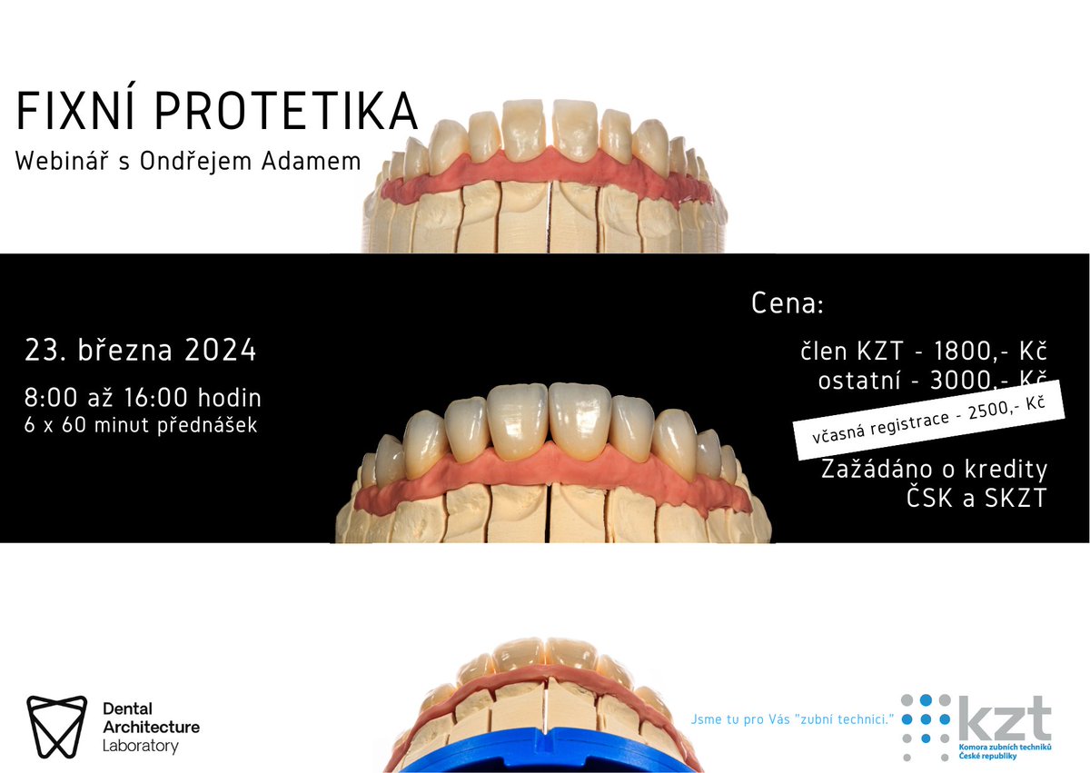 KomoraZT's tweet photo. Pojďte se s námi ponořit do světa fixní protetiky s Ondřejem Adamem a zaregistrujte se na jeho úžasný webinář. Více informací zde: https://t.co/IhE4dIzyI3 https://t.co/IdeQ2PDQzC
