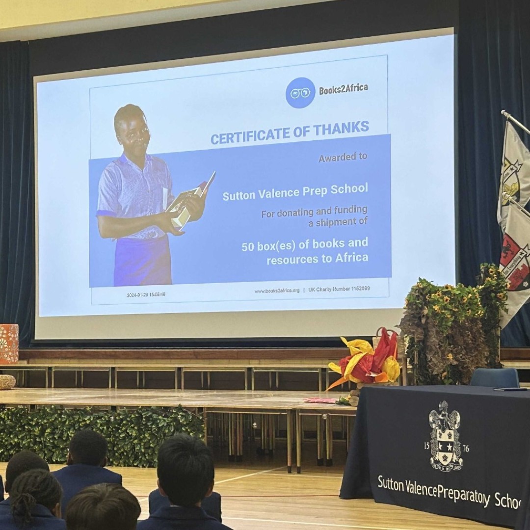 Our flyer and certificate were recently featured in an assembly at Sutton Valence Preparatory School <a href="/SVPS_News/">Sutton Valence Preparatory School</a>, where the Head shared their generous donation to Books2Africa with the children. It's wonderful to see young minds learning about the importance of giving back! 💝