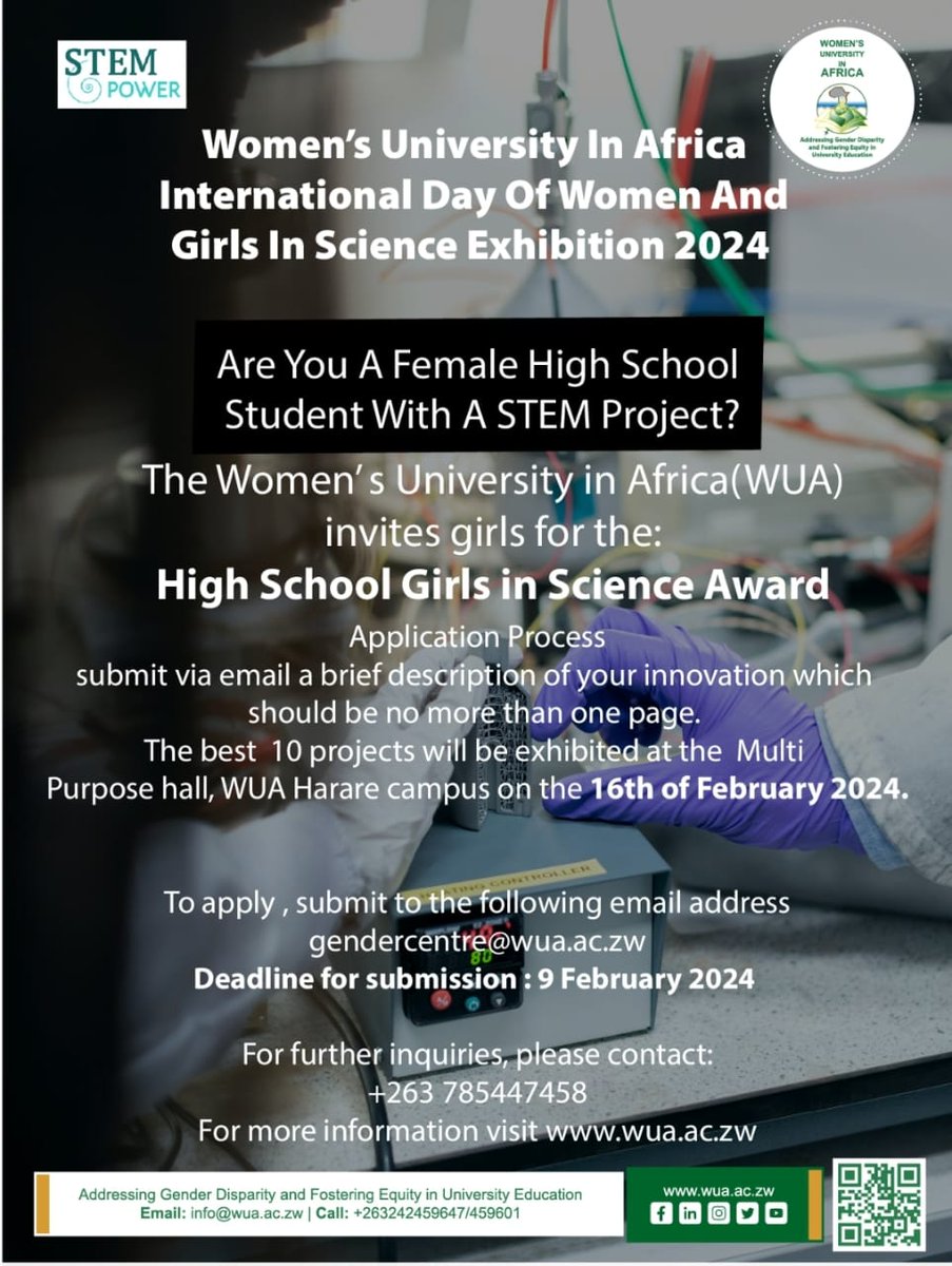 Share with High School girls doing Sciences. We would like to recognise the science projects they are working on as we commemorate International Day of Women and Girls in Science <a href="/WUAZIM/">Women's University in Africa</a>