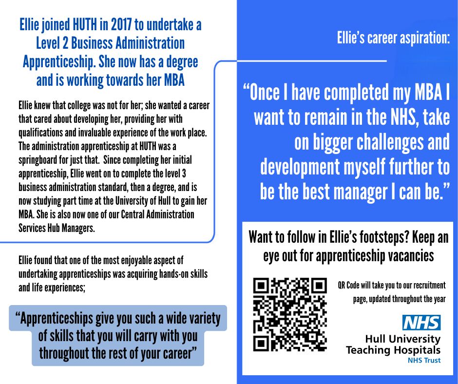 HullHospitals's tweet photo. Our biggest recruitment areas is within admin and customer services. Our admin hubs have grown their own workforce through apprenticeships. Meet Gavin, who joined us wanting more than just a job and Ellie, who was one of our earliest apprentices and is now a Hub Manager. https://t.co/RXDJYKWZGh
