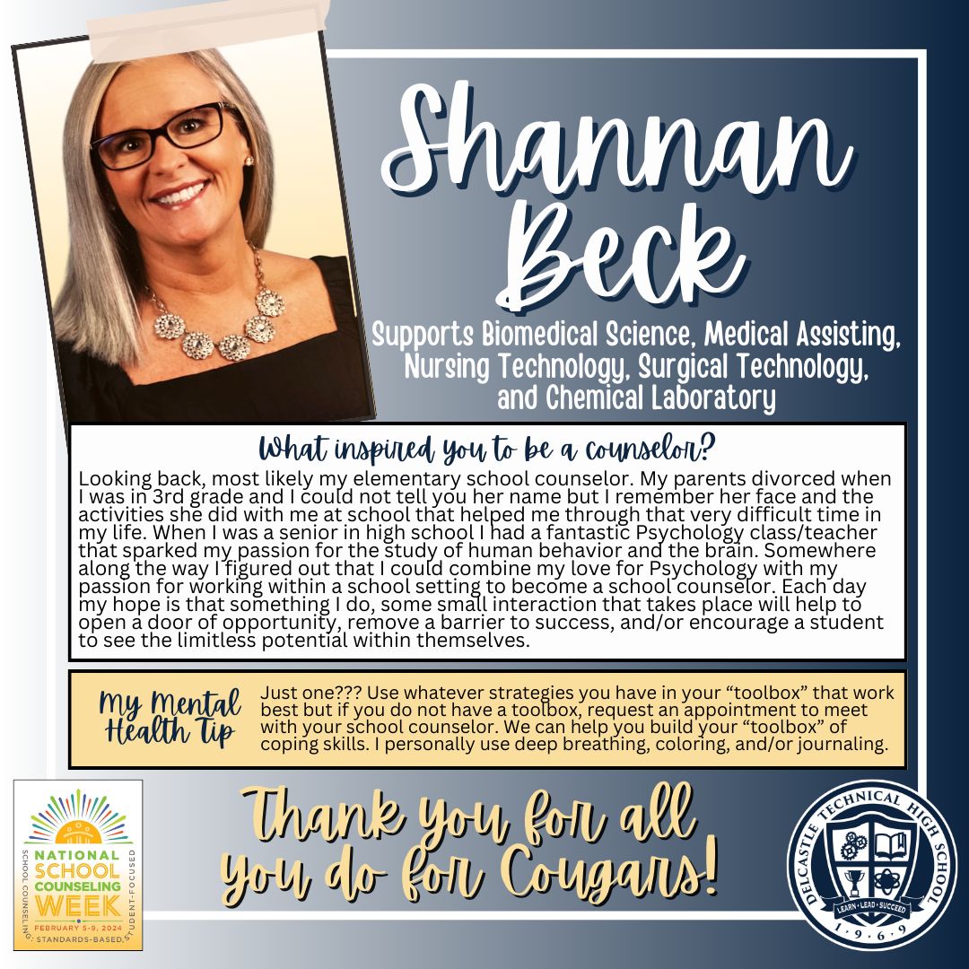 🍎National School Counselors Week 2024 👏 Let's celebrate our Cougar School Counselors! Today, we recognize Shannan Beck. 📚 Supports Biomedical Science, Medical Assisting, Nursing Technology, Surgical Technology, and Chemical Laboratory. #CougarNation #NCCVTworks #NSCW24