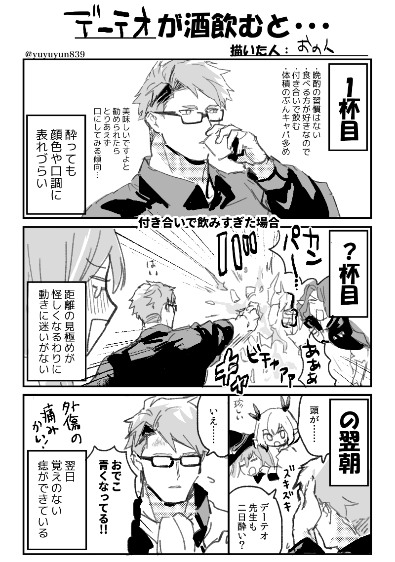 @PixivF_TL ギャグ時空で酒酔 酔っぱらデーテオは2mの体を飲酒運転してるようなものなので危ないんだけど、自損ときどき物損に留まっているらしい… #酒酔いする君テンプレ