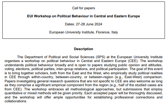 Filip_Kostelka's tweet photo. Interesting opportunity for scholars in political behaviour (broadly understood) studying Central and Eastern Europe: workshop hosted @EUI_EU on June 27-28. Participants from the region can have their travel and accommodation costs fully reimbursed. #CEE #postcommunism #polsci https://t.co/Bcv8Pr47Uw