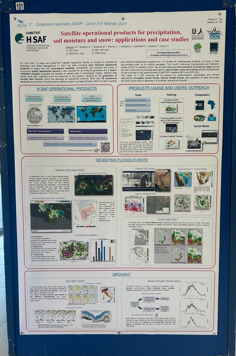 HydroSAF's tweet photo. During the 5th #AISAM congress, interesting relationships were established with the Italian #atmospheric science and #meteorology  communities by showing the applications of #HSAF products. https://t.co/ZxSM26X0XU https://t.co/vY0p4IK6i7
