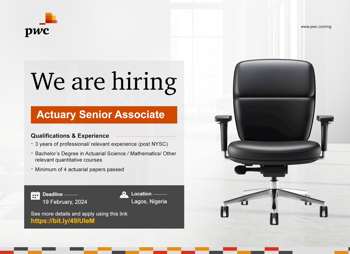 PwC_Nigeria's tweet photo. If you’re passionate about converting data into actionable insights, this is for you.
We’re seeking an Actuary Senior Associate with three years of professional experience to join our community of solvers. Apply now: https://t.co/s5v4H5rDrv
#ActuarialServices #JobVacancy https://t.co/7JRX2TLaVb