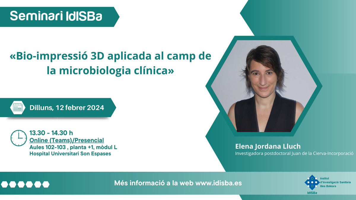 IdISBa (@idisbaib) on Twitter photo Demà!
📢 #SeminariIdISBa «Bio-impressió 3D aplicada al camp de la microbiologia clínica»
👩💻Dra. Elena Jordana Lluch. <a href="/elejordana/">ELENA JORDANA LLUCH</a>
🕜13. 30 h.
🗓️12 de febrer.
💻En línia: teams.microsoft.com/l/meetup-join/…
📍Presencial - Aules 102-103 <a href="/SonEspases/">HU Son Espases</a> Demà!
📢 #SeminariIdISBa «Bio-impressió 3D aplicada al camp de la microbiologia clínica»
👩💻Dra. Elena Jordana Lluch. <a href="/elejordana/">ELENA JORDANA LLUCH</a>
🕜13. 30 h.
🗓️12 de febrer.
💻En línia: teams.microsoft.com/l/meetup-join/…
📍Presencial - Aules 102-103 <a href="/SonEspases/">HU Son Espases</a>
