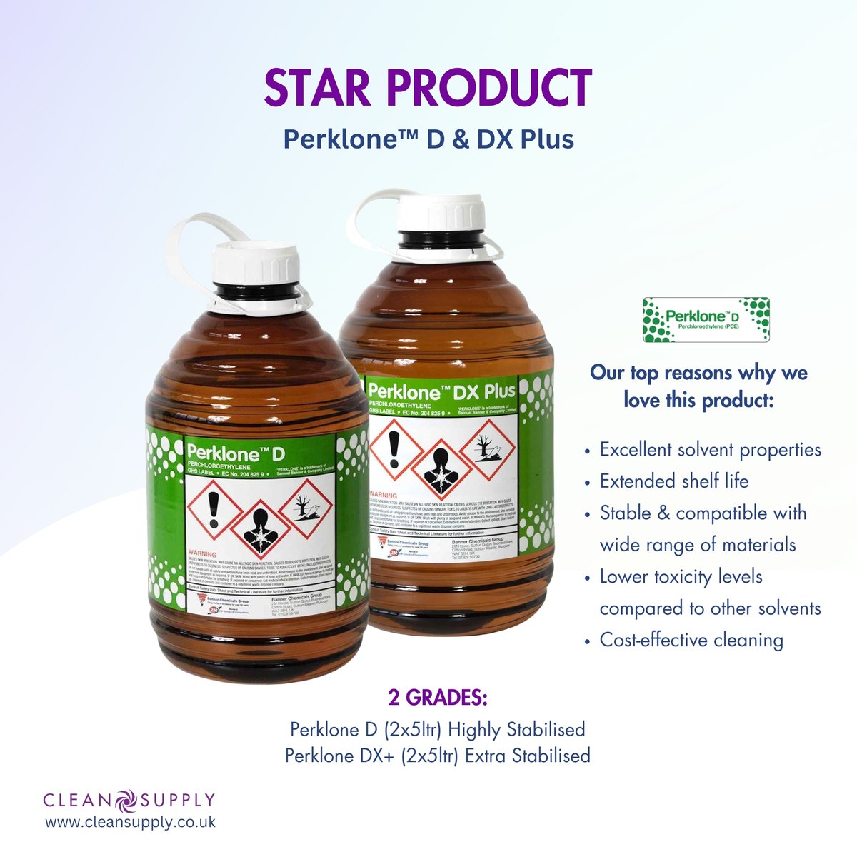 Highly stabilised #Perchloroethylene is a perfect dry-#cleaningsolvent for high street, industrial and hospital laundries. 

It's highly effective in dissolving various types of soils &amp; contaminates from fabrics or surfaces.

Shop:
cleansupply.co.uk/products/?sear…

#commercialsolvent