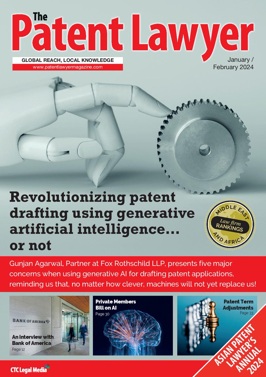 PatentLawyerMag's tweet photo. The Patent Lawyer Jan/Feb 2024 OUT NOW! 📢
READ HERE FOR FREE 👉https://t.co/Q6f4CzQ6eJ
This issue also includes the Asian Patent Lawyers Annual 2024!
Special thanks to our contributors and readers.
#patentlawyer #IPmagazine #IPlaw #IPnews #newissue https://t.co/M8VAbJznEb