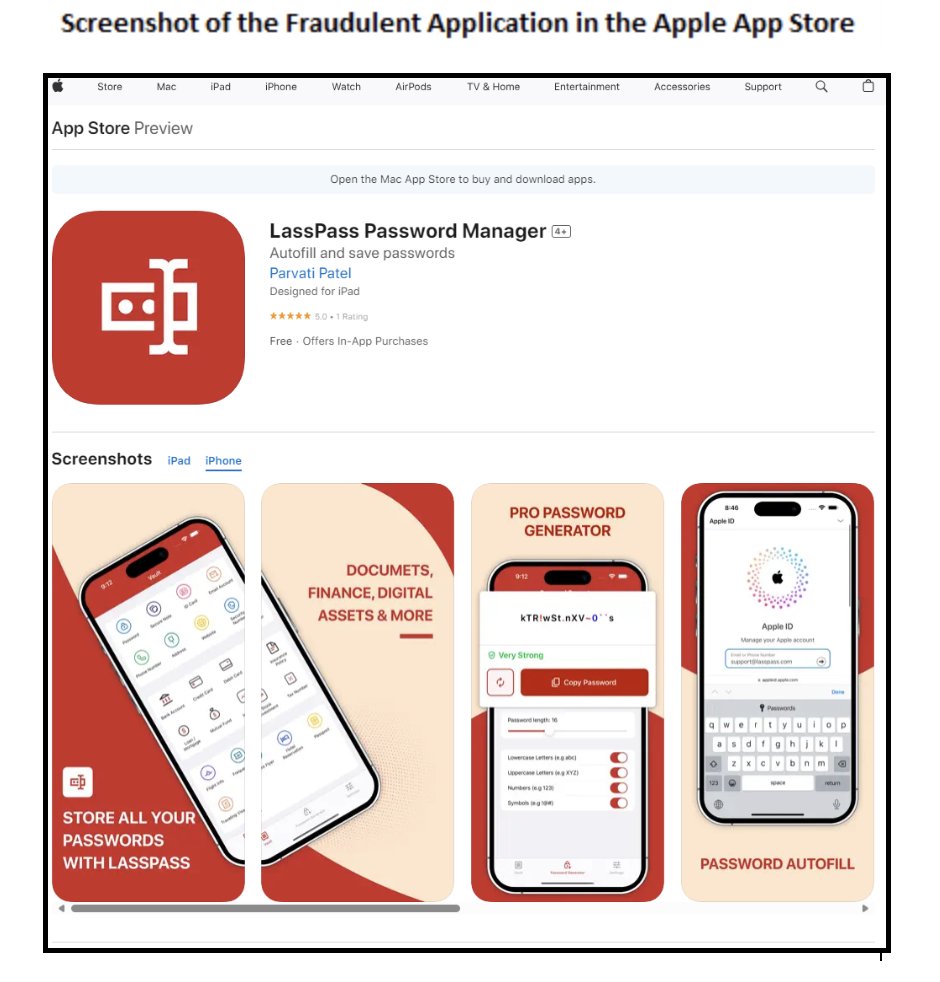 Een frauduleuze versie van LastPass was wekenlang te downloaden in de App Store. De app probeerde wachtwoorden van gebruikers buit te maken.

Pijnlijk voor Apple dat zo'n overduidelijk kwaadwillende app door het reviewproces van de App Store is gekomen.

blog.lastpass.com/2024/02/warnin…